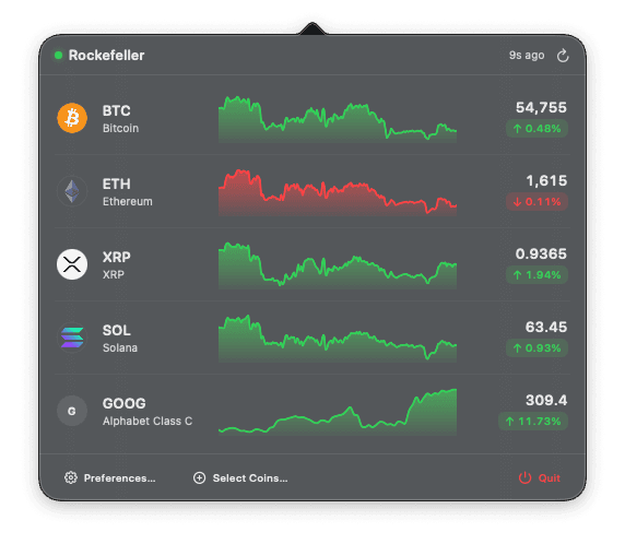 Rockefeller popover showing Bitcoin, Ethereum, XRP, Solana and Alphabet price charts
