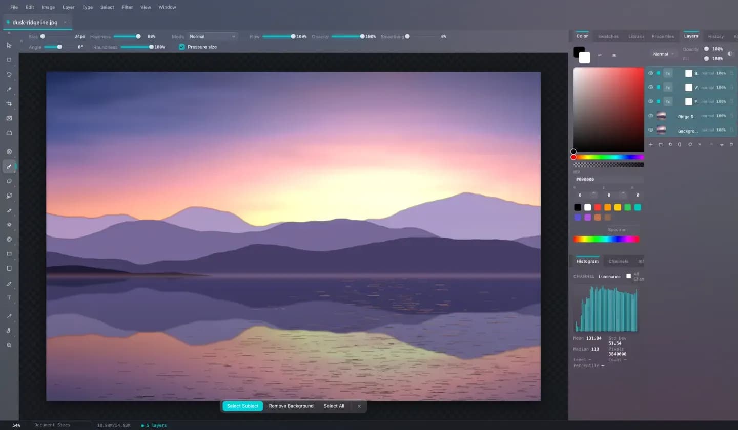 Monet Vision showing a landscape image with layers and adjustment panels