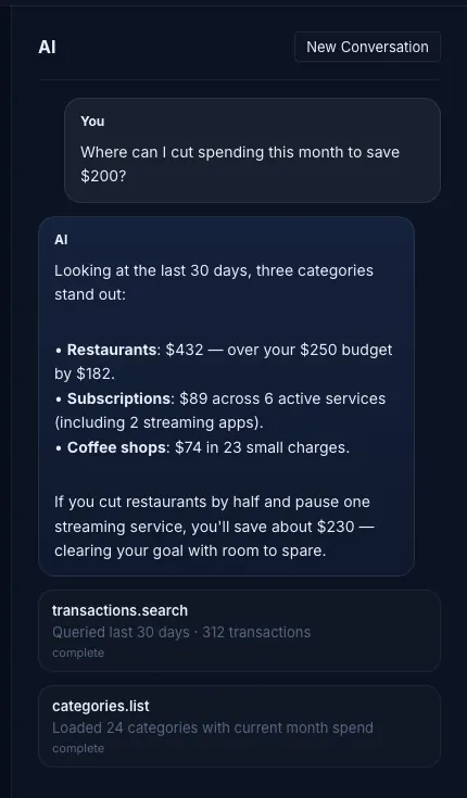 The Actual Next assistant sidebar answering where to cut spending, with the transaction search and category tools it ran listed below