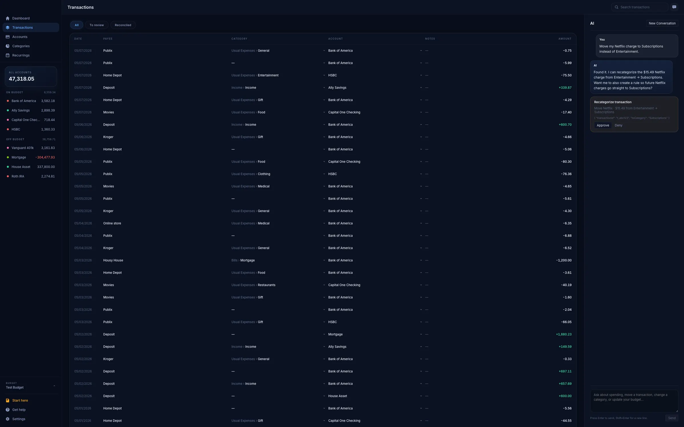 Actual Next showing the transactions list with the AI assistant proposing a recategorization for approval