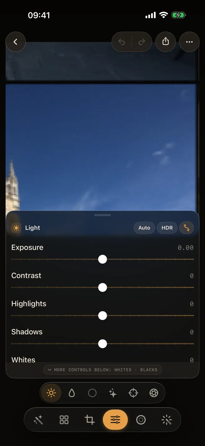 Matisse's editor on iPhone — an adjustment panel open over a photograph with the tool rail alongside