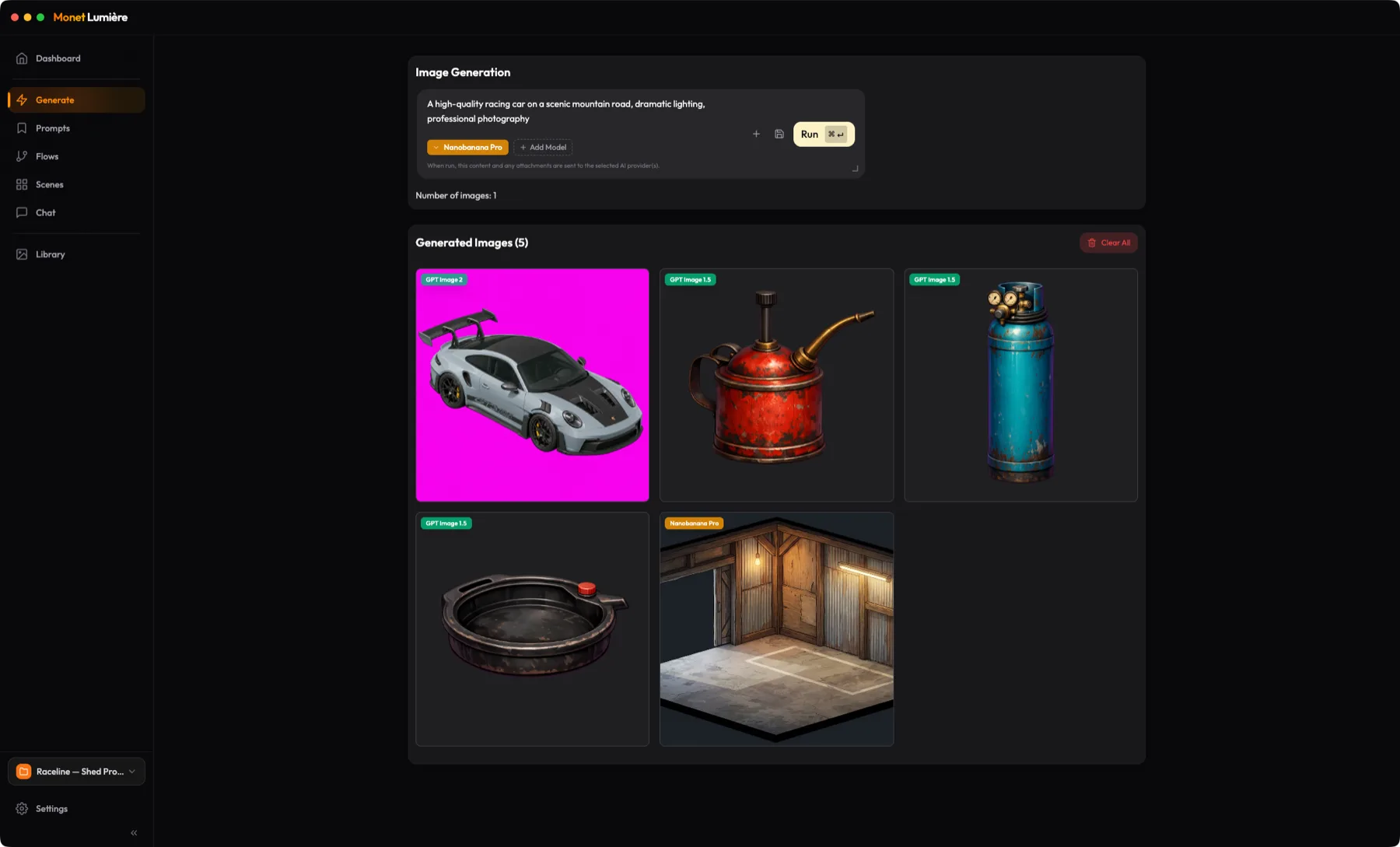 Monet Lumiere's Generate view — a prompt for a racing car photograph with the Nanobanana Pro model selected, above five generated images including a Porsche GT3 RS, an oil can, and a garage interior
