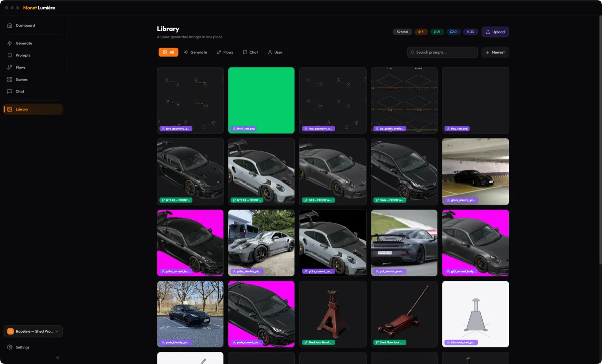 Monet Lumiere's image library — a grid of generated car and prop images, each tagged with its source model