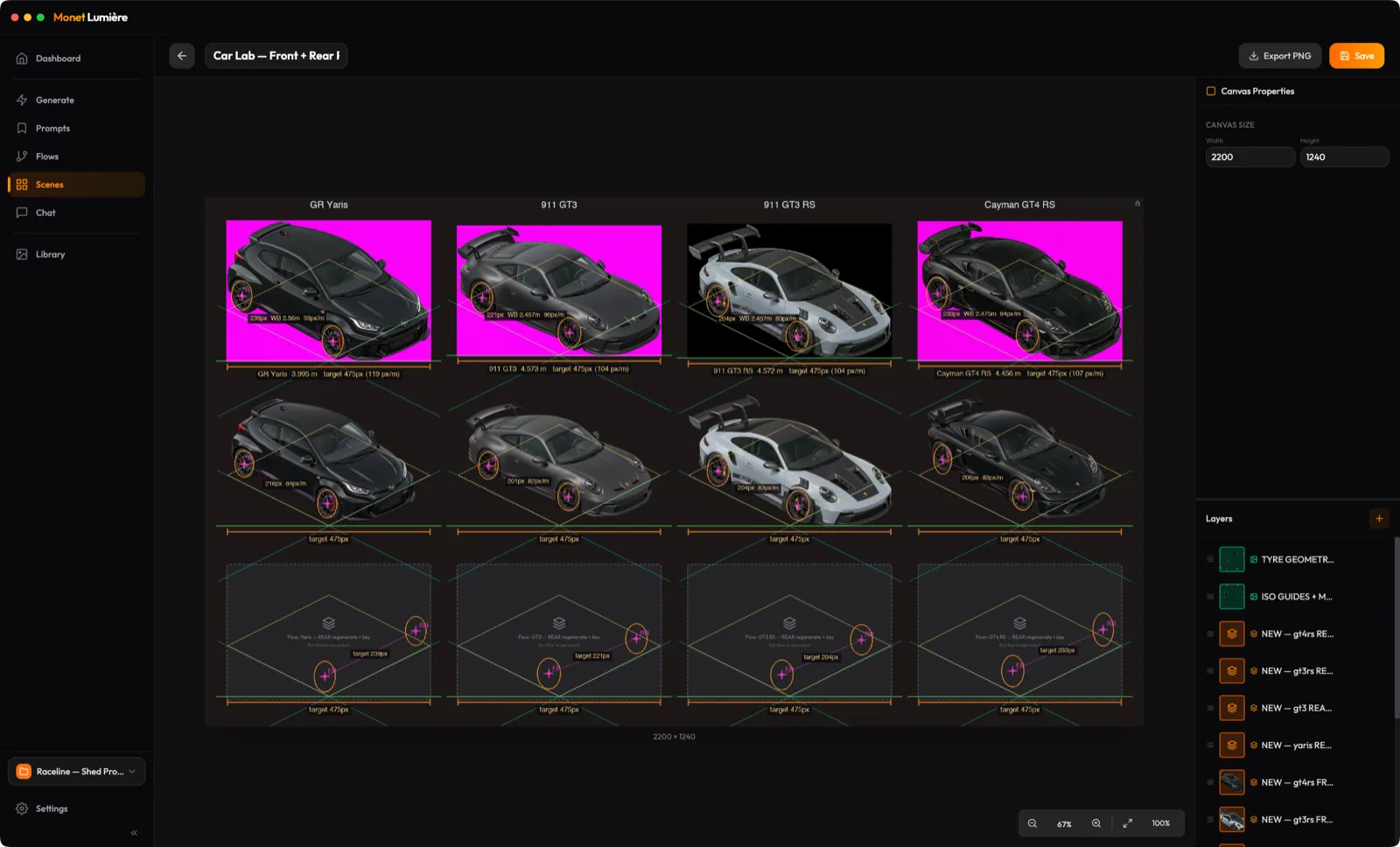 Monet Lumiere's scene editor — four generated sports cars composed to scale on a dark canvas with measurement guides and a layers panel