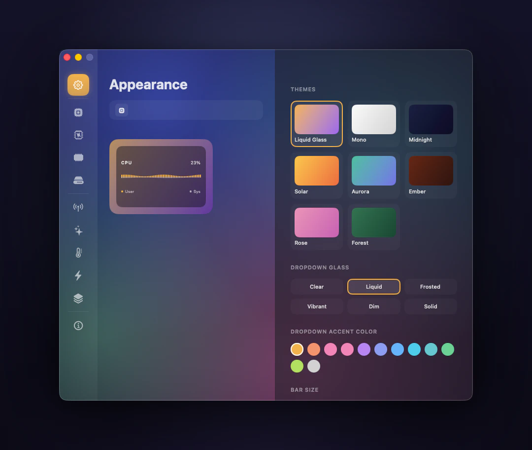 Operator’s Appearance settings — a live card preview beside theme swatches, dropdown glass options, and accent color pickers