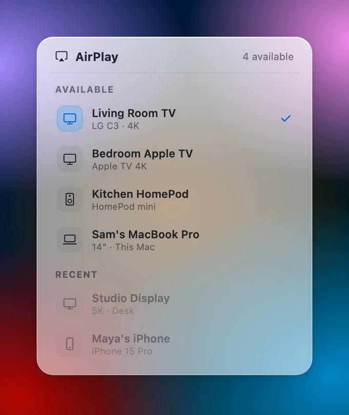 Ripley’s AirPlay picker with Living Room TV (LG C3, 4K) selected, plus Bedroom Apple TV, Kitchen HomePod, and a MacBook Pro