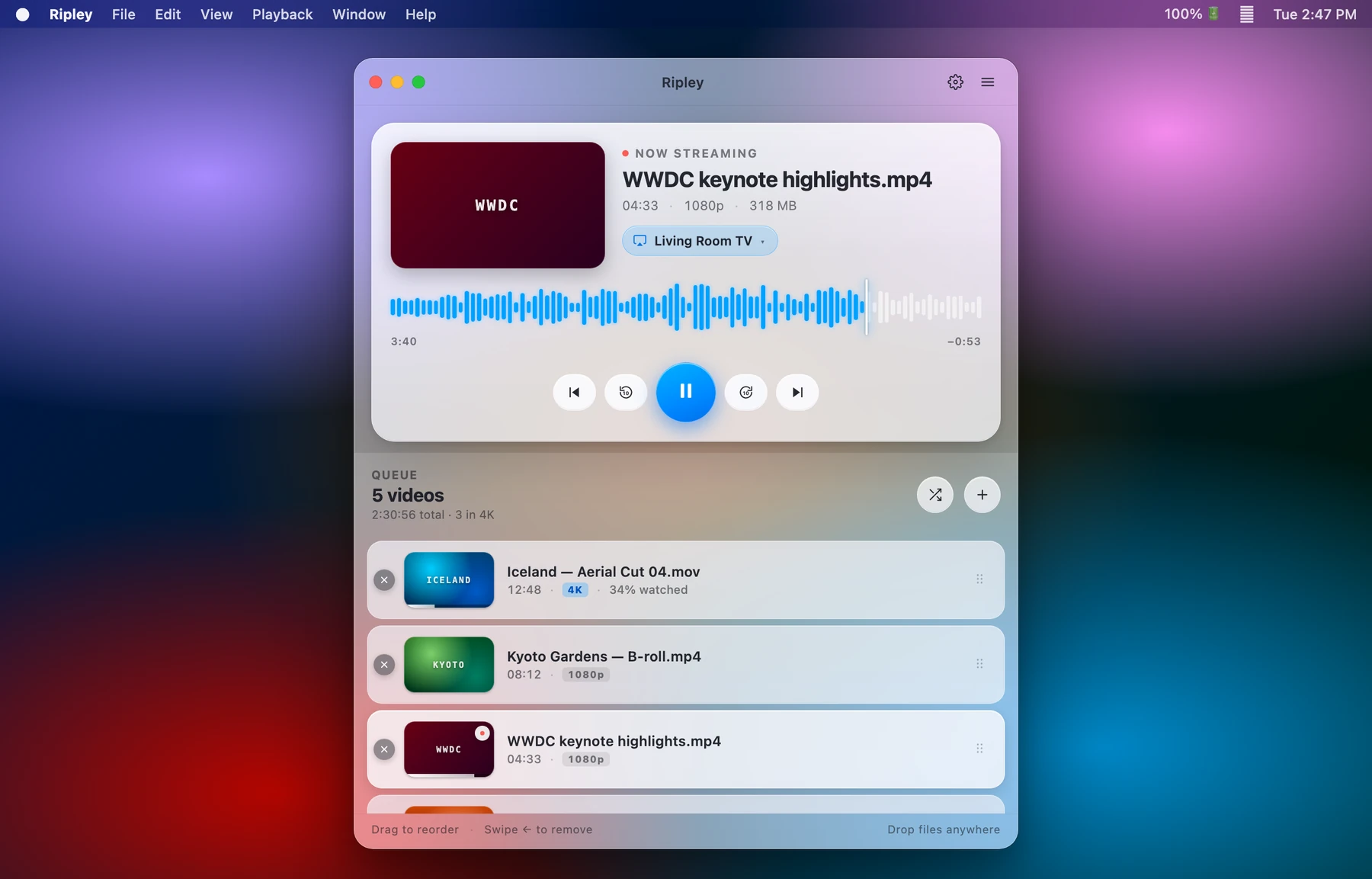Ripley on macOS — a glass window streaming a video with an audio waveform, an AirPlay target, and a queue of videos on a colourful desktop